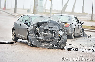 Car crash accident on street, damaged automobiles after collision in city Stock Photo