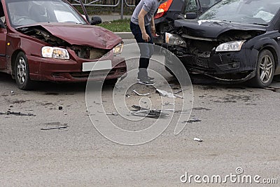 Car crash accident on street, damaged automobiles after collision in city Stock Photo