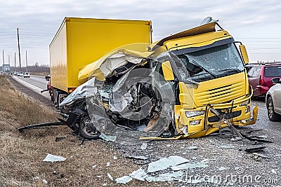 Car crash accident with TIR truck on road. Generative AI Stock Photo