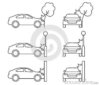 Car crash, accident of transport, line art icon set. Collision with an obstacle tree, lantern, wall. Frontal collision Vector Illustration