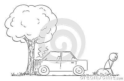 Car Crash Accident into Tree, Frustrated and Depressed Driver Is Waiting for Assistance, Vector Cartoon Stick Figure Vector Illustration