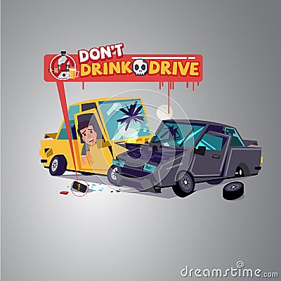 Car crash with alcohol can. Don`t Drink and drive concept - vec Vector Illustration