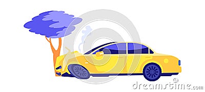 Car crash. Auto crashed into tree. Automobile smoke, accident on nature. Broken transport vector illustration Vector Illustration