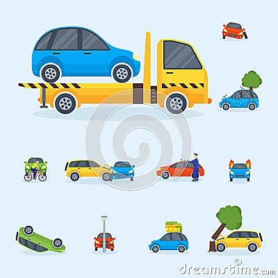 Car crash collision traffic insurance safety automobile emergency disaster and emergency repair transport vector Vector Illustration