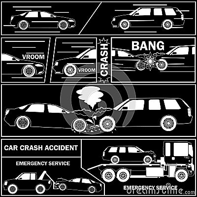 Car crash with comic table. Vector Illustration