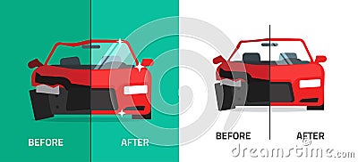 Car before crash damage and after repairing vector flat cartoon, broken automobile accident collision and auto repaired Vector Illustration