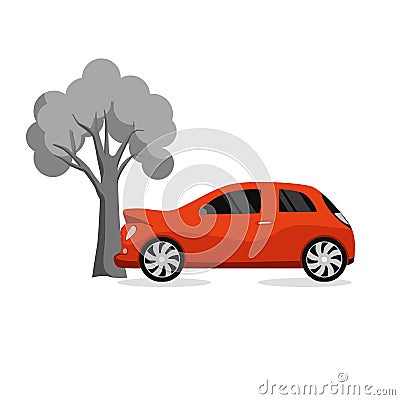 Car crash tree Road accident Damaged smashed cars Vector Illustration