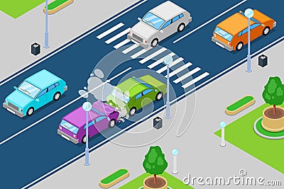 Car crash, vector isometric 3D illustration. Accident in front of crosswalk. Safety traffic, road insurance concept Vector Illustration