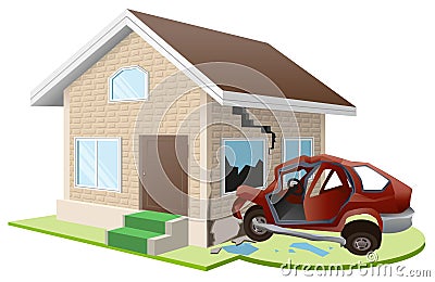 Car crashed into house. Home insurance Vector Illustration