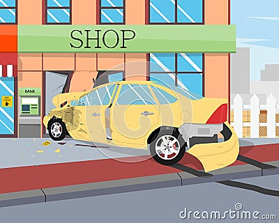 The car crashed into the shop Vector Illustration