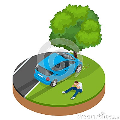 Car crashed into tree. Car crash collision traffic insurance. Vector Illustration