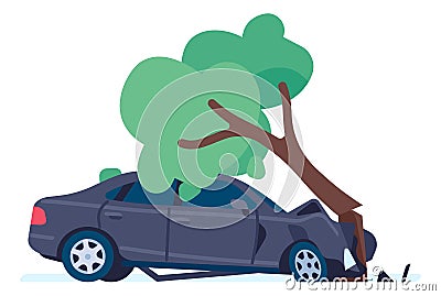 Car crashed into tree. Dangerous road situation Vector Illustration