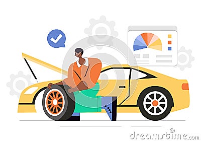 Car Customization and Modifications Vector Illustration featuring a Tuned Automobile with Upgraded Wheels, Nitrous Systems Vector Illustration