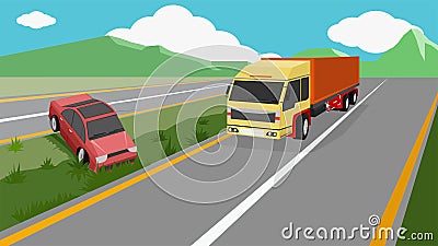 Red car accident Rotate on asphalt roads and settle in the middle of the road. Vector Illustration