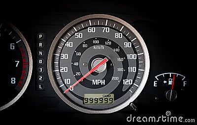 Car dashboard odometer with infinity miles Stock Photo