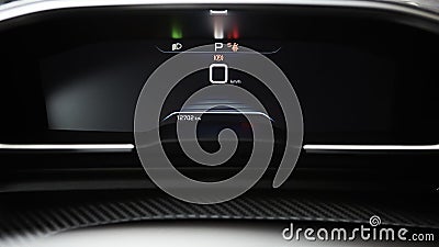 Car dashboard panel with speedometer, tachometer, odometer, fuel gauge and gear position indicator. Stock Photo