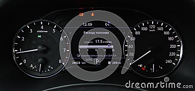 Car dashboard with sensors and information. Stock Photo
