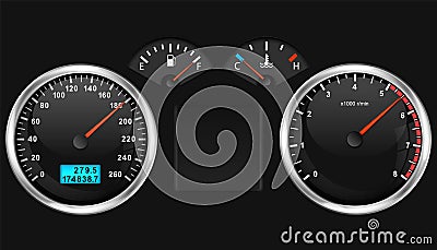 Car dashboard speedometer, tachometer gauge, fuel and engine temperature. Realistic car`s dashboard. Vector illustration Vector Illustration