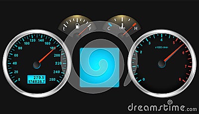 Car dashboard speedometer, tachometer gauge, fuel and engine temperature. Realistic car`s dashboard. Vector illustration Vector Illustration