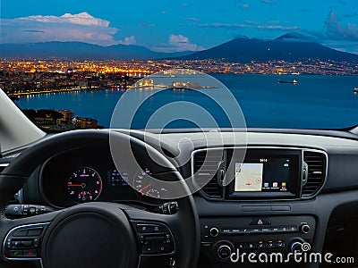 Car dashboard traveling to Naples Stock Photo