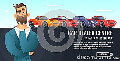 Car dealer centre concept banner. Automobile salling or rent. Auto business cartoon style illustration. Cartoon Illustration