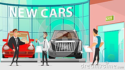 Car Dealer Rivalry during Automotive Showroom Sale Vector Illustration