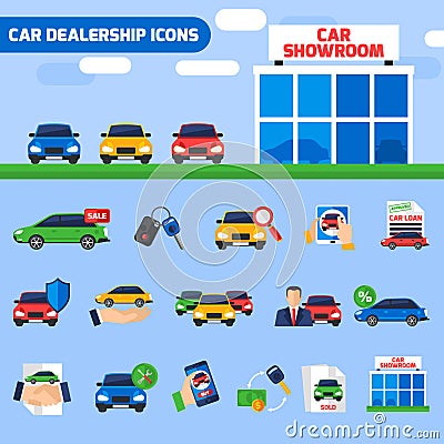 Car Dealership Flat Icons Composition Banner Vector Illustration