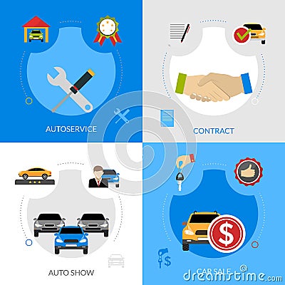 Car Dealership Flat Icons Square Concept Vector Illustration