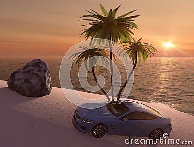 Car on a desert island Stock Photo