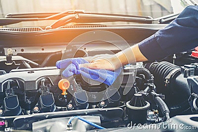 Car detailing series Cleaning car engine Stock Photo