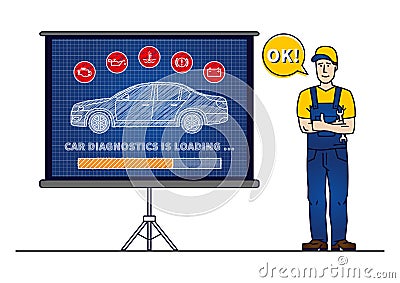 Car diagnostics loading bar with serviceman vector illustration Vector Illustration