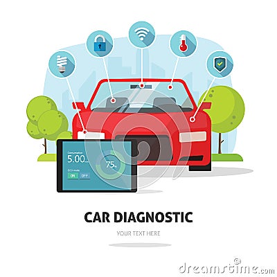 Car diagnostics test service, protection insurance concept parts service Vector Illustration