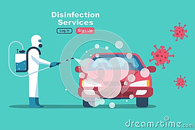 Car disinfection services. Cleaning and washing vehicle. Vector Illustration