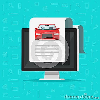 Car document text on computer vector illustration, flat automobile with online paper page data report or description Vector Illustration