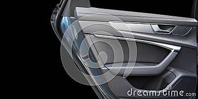 Car door handle inside the luxury modern car with black leather texture with stitching. Switch button control. Modern car interior Stock Photo