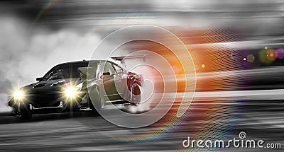 Car drifting, Sport car wheel drifting and smoking on blurred ba Stock Photo