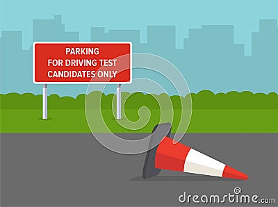 Car drive practicing. Close-up front view of downed red traffic cone on driving school parking area. Vector Illustration