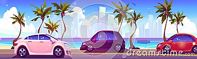 Car drive on road near sea with skyscrapper view Vector Illustration