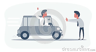 Car driver emergency brakes in front of pedestrian on road. Pedestrian crosses the road in the wrong place. Dangerous Vector Illustration