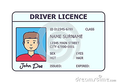 Car driver licence identification. Driver licence plastic card with man photo. Vector Illustration