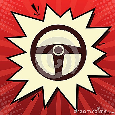 Car driver sign. Vector. Dark red icon in lemon chiffon shutter bubble at red popart background with rays. Illustration. Vector Illustration