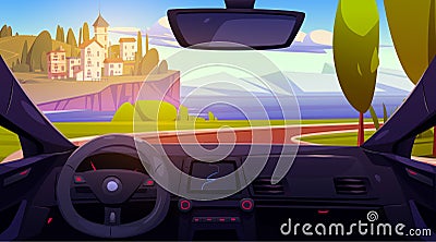Car driver view of seaside city and mountains Cartoon Illustration