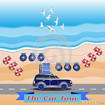 Car drives by coastal road on seascape background Vector Illustration