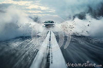 a car drives fast on a winter slippery road creating a whirlwind of snow, the concept of safety on a slippery road Stock Photo