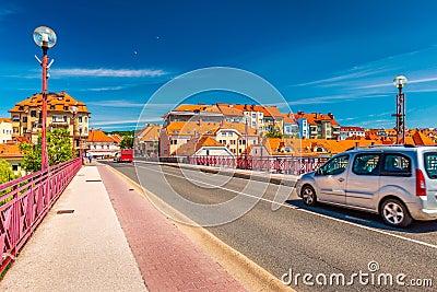 A car is driving across the Old Bridge Glavni Most of Maribor towards the city center, Slovenia Editorial Stock Photo