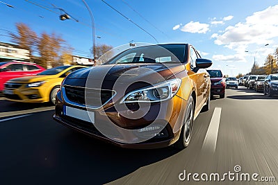 A car driving down a street next to other cars. Busy traffic. High speed Stock Photo