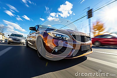 A car driving down a street next to other cars. Busy traffic. High speed Stock Photo