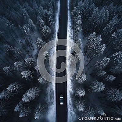 car is driving on highway road with snow in nature with a snowy forest in winter on a journey. Landscape with a view Stock Photo