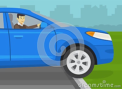 Outdoor parking area. Young male driver accidentally drove over a curb on outdoor parking. Vector Illustration