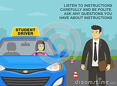 Car driving practicing. Female student driver listening to instructor. Examiner giving instructions about exam. Vector Illustration